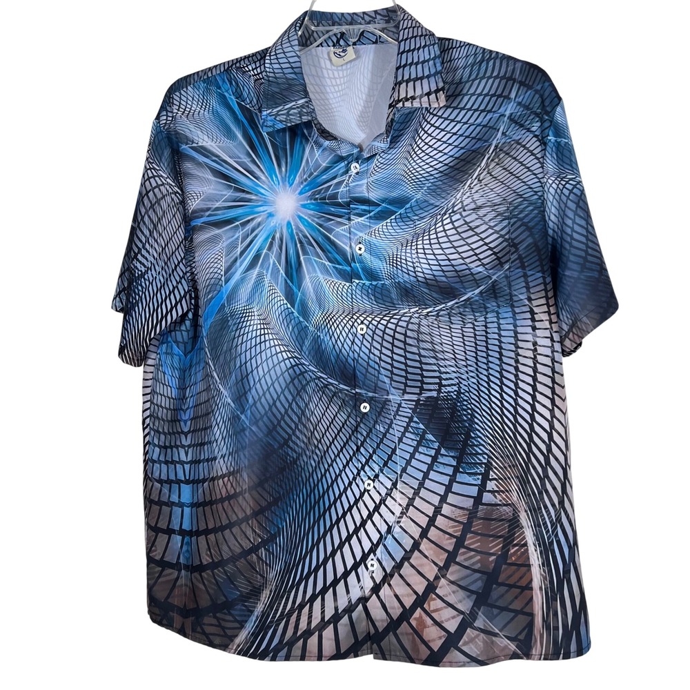 Hardaddy Mens Large Blue Psychedelic Geometric Starburst Short Sleeve‎ Shirt
